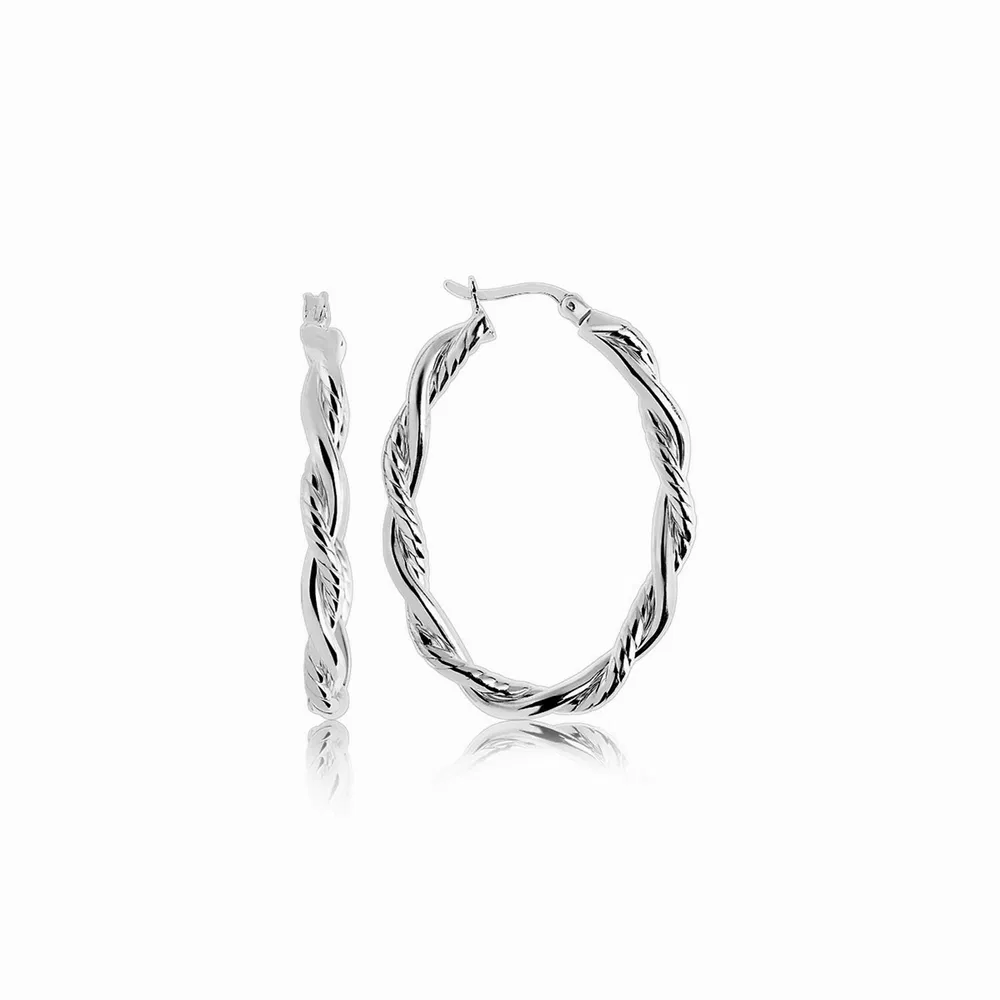 Sterling Silver Oval Hoop Braided Diamond Cut Earrings(4x22mm) - Grocery