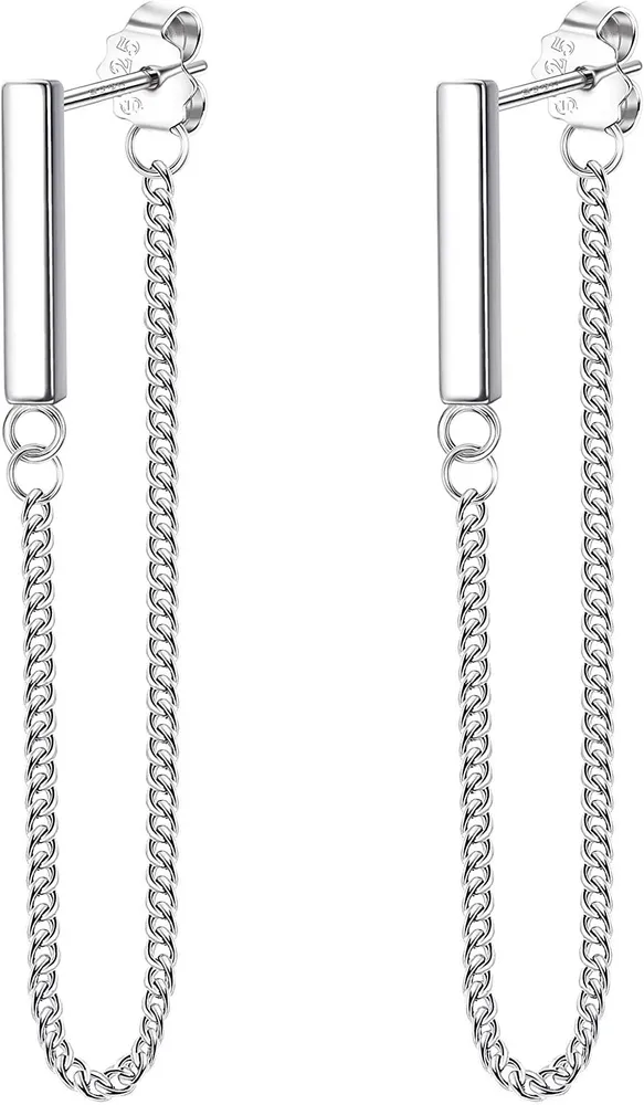 925 Sterling Chain Stud Earrings for Women Minimalist Bar Stud Earrings 3mm Ball Stud Earrings with Chain Dangle - Grocery