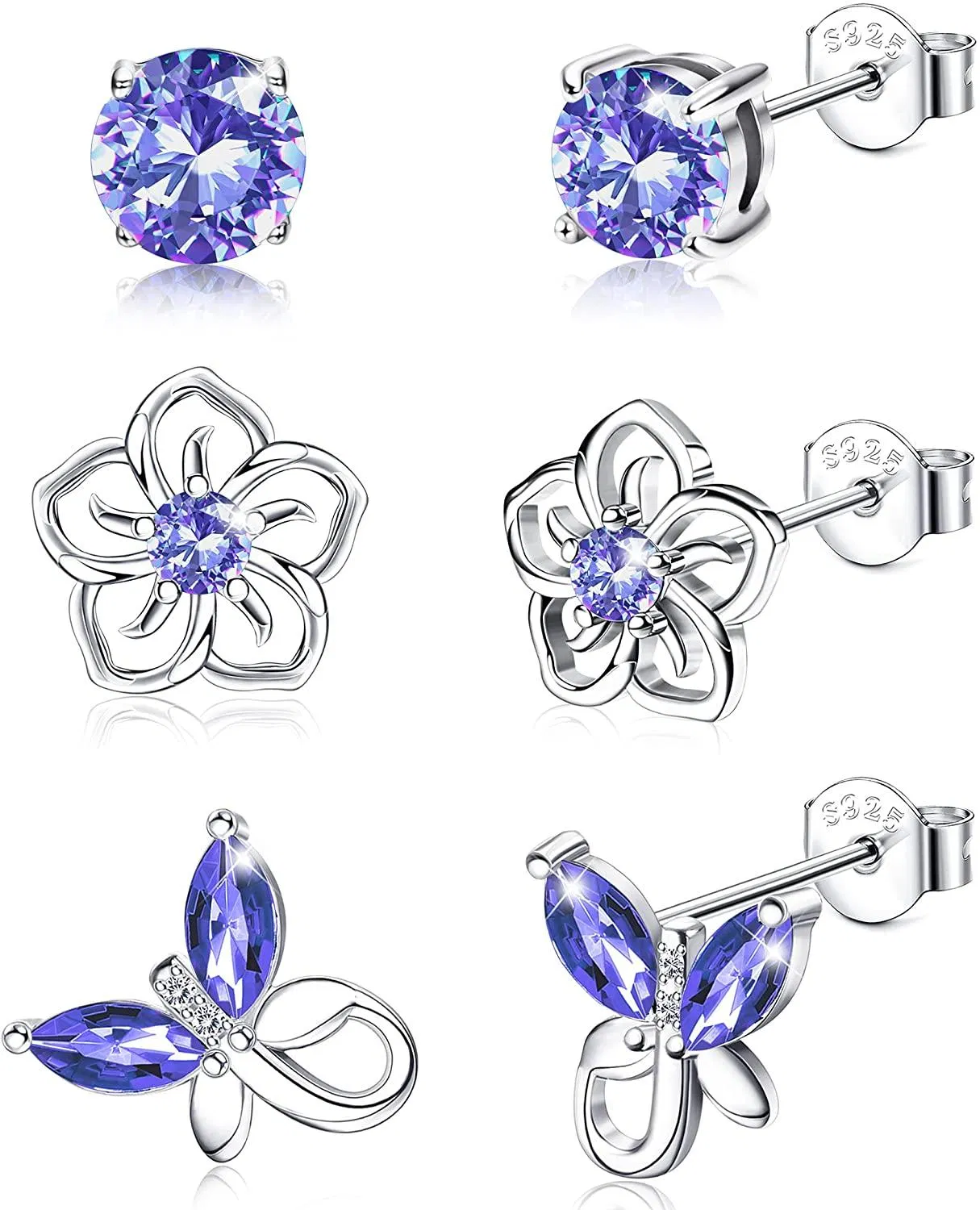 3Pairs 925 Sterling Silver Birthstone Earrings 12 Months for Women Hypoallergenic Butterfly Flower Stud Earrings for Birthday Jewelry Gift - Grocery