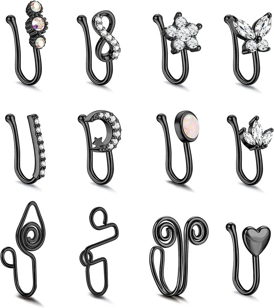 12Pcs Fake Nose Ring for Women Clip On Nose Ring Adjustable Nose Cuffs Butterfly Heart Star Fake Nose Piercing Faux Nose Rings - Grocery