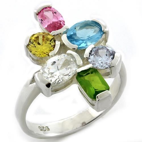 LOAS1075 - High-Polished 925 Sterling Silver Ring with AAA Grade CZ in Multi Color - Grocery