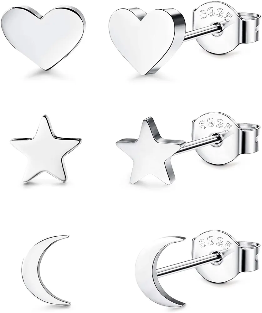 3 Pairs 925 Sterling Silver Stud Earrings Tiny Moon Star Heart Plain Silver Stud Earrings Set for Women - Grocery