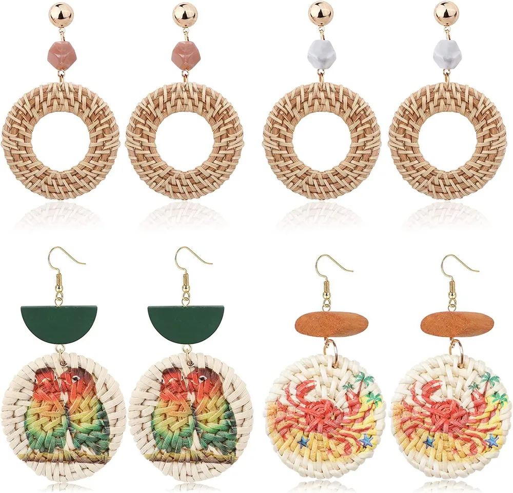 4Pairs Handmade Rattan Dangle Earrings for Women Lightweight Animals Print Statement Hoop Earrings Set - Grocery