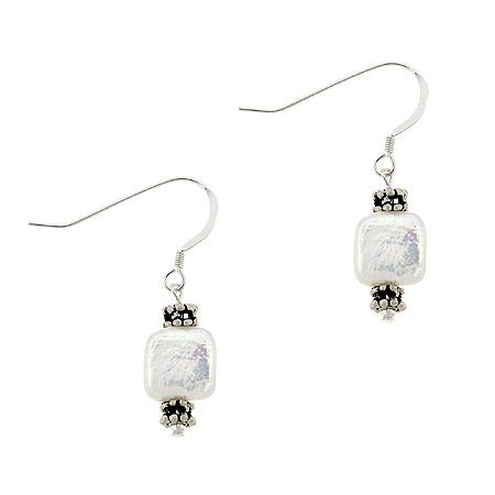 Sterling Silver White Square Freshwater Cultured Coin Pearl Bali Bead Dangle Earrings - Grocery