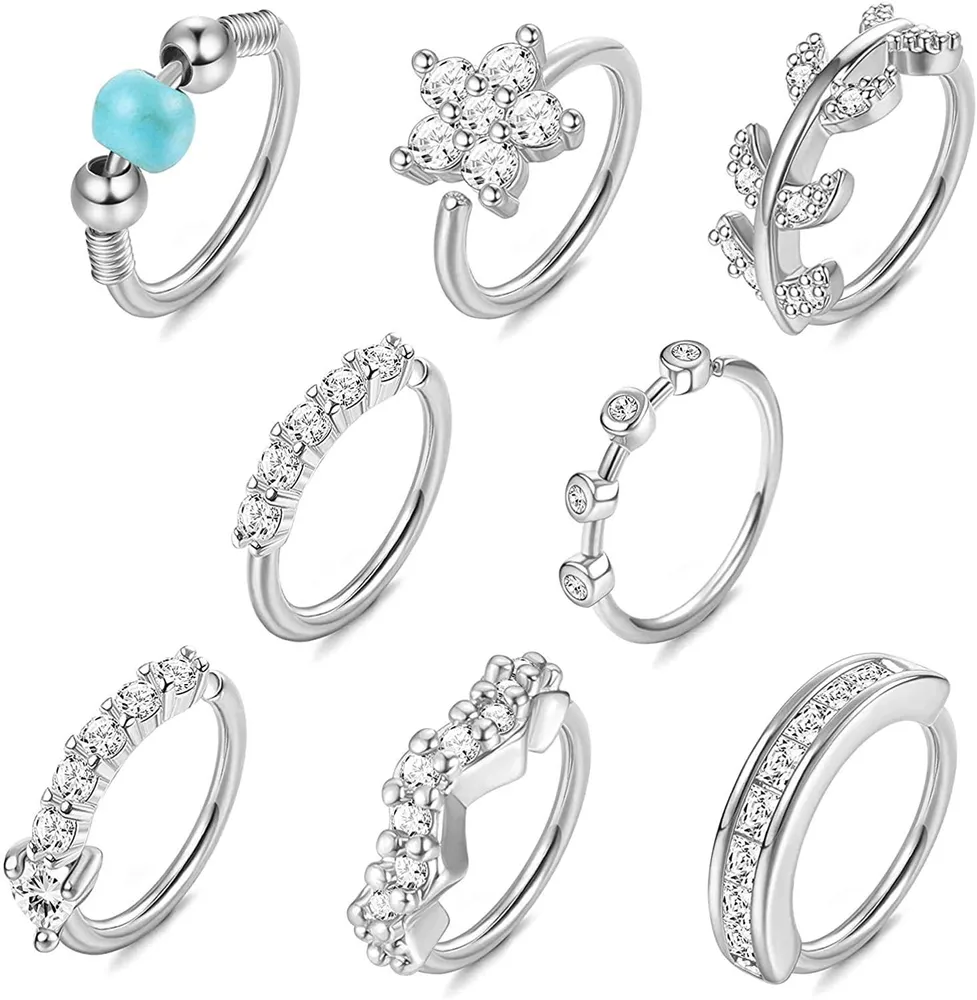 8 Pcs 20G Nose Ring Hoop for Women Stainless Steel Paved CZ Crawler Hoop Earrings Leaf Flowers Lip Helix Cartilage Earrings Nose Piercing Hoop 8mm - Grocery