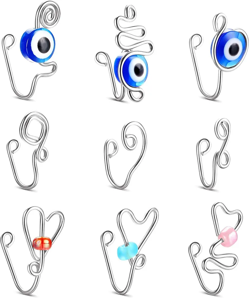 9 Pcs Fake Nose Ring Cuff for Women Clip On Nose Ring 14k Gold Plating Nose Ring Cuffs Evil Eye; Bead Nose Cuffs No Piercing Jewelry - Grocery