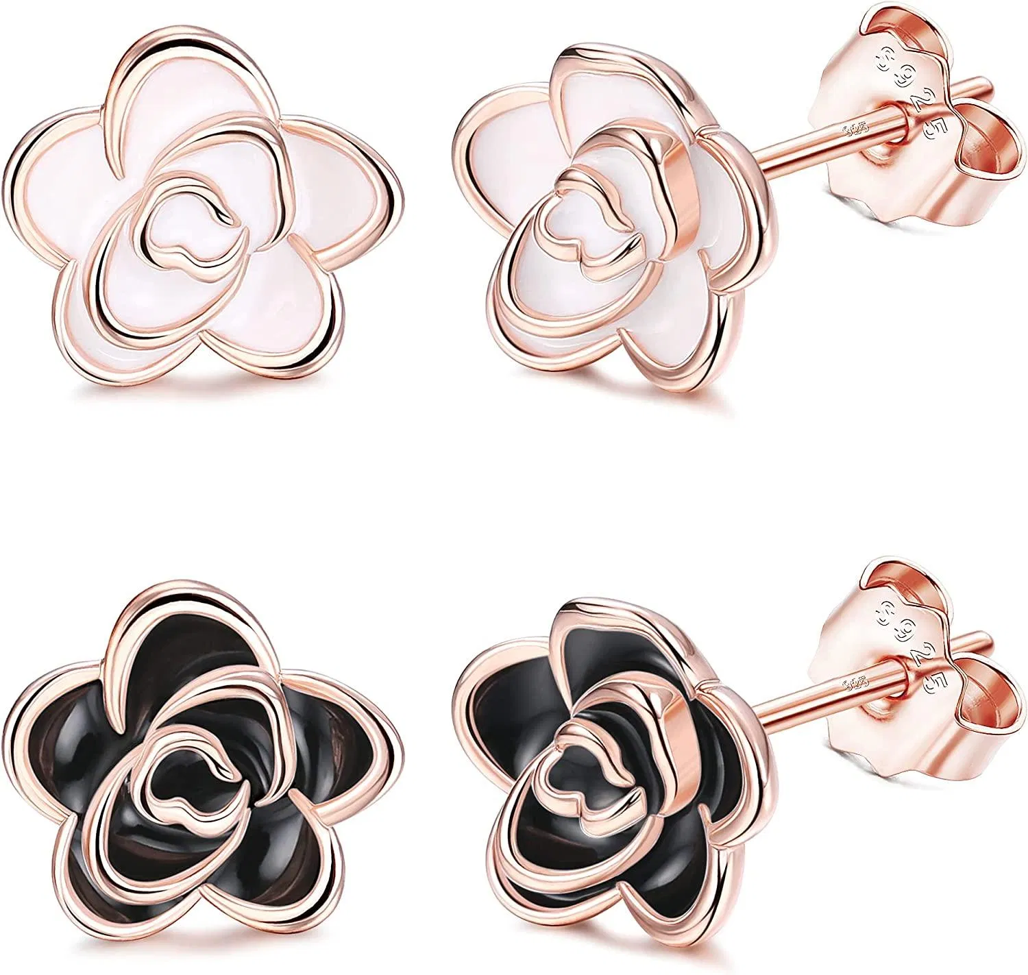 2Pairs 925 Sterling Silver Rose Stud Earrings White Enamel Plating Rose Flower Earrings Set for Women with Gift Box - Grocery
