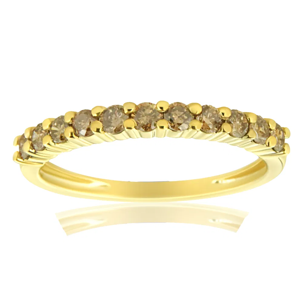 10K Yellow Gold Plated .925 Sterling Silver 1/4 Cttw Champagne Diamond 11 Stone Band Ring (K-L Color, I1-I2 Clarity) - Grocery