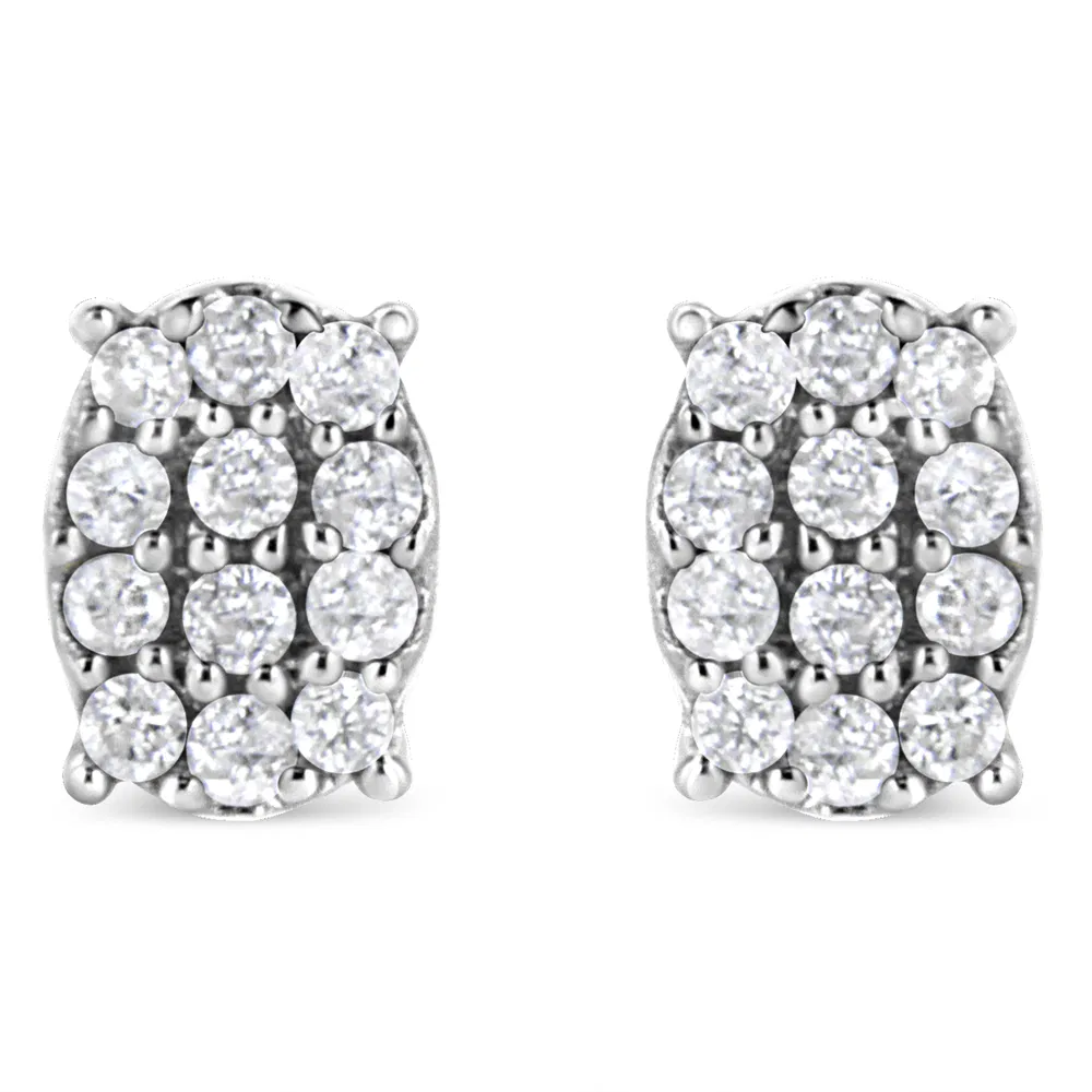 .925 Sterling Silver 1/4 Cttw Round Diamond Oval Shaped Cluster Stud Earrings (I-J Color, I2-I3 Clarity) - Grocery