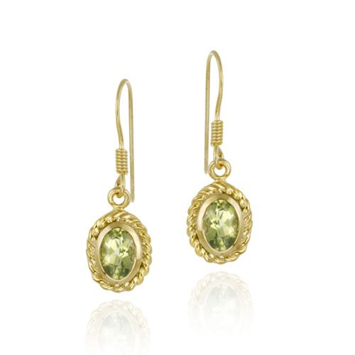 18K Gold over Sterling Silver Peridot Oval Earrings in Rope Border - Grocery