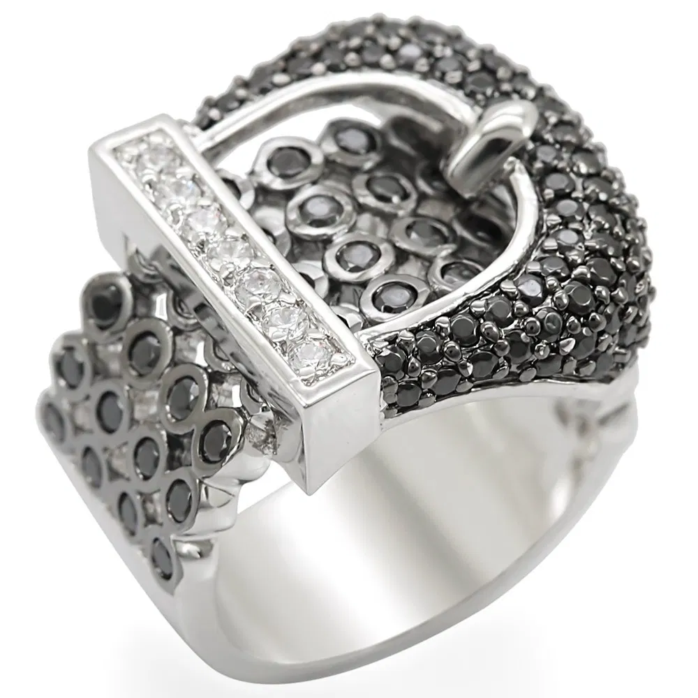 1W048 - Rhodium + Ruthenium Brass Ring with AAA Grade CZ in Black Diamond - Grocery