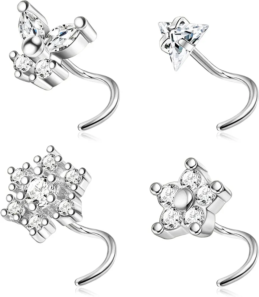 4 Pcs 20G Nose Rings Studs Surgical Steel CZ Butterfly Nose Piercing Triangle Nose l Shape Studs for Women Men Sliver - Grocery