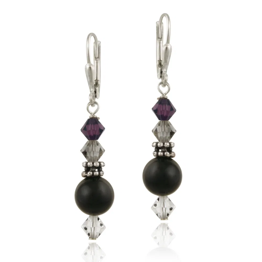 Sterling Silver Onyx & Swarovski Elements Dangle Leverback Earrings - Grocery