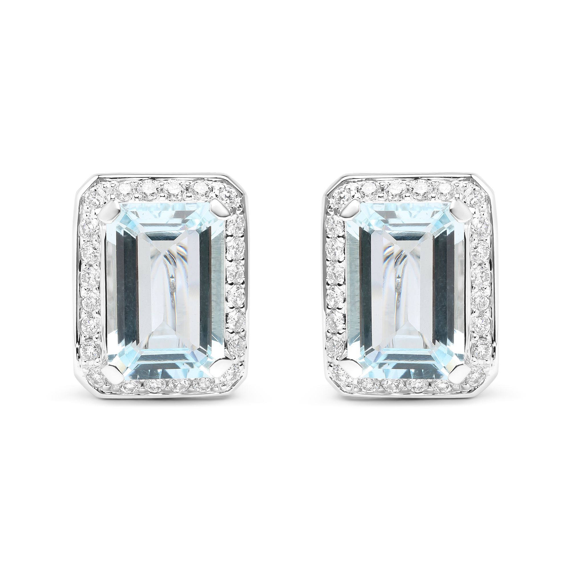 18K White Gold 3/4 Cttw Round Diamond and 13x9mm Emerald Cut Blue Aquamarine Gemstone Halo Omega Stud Earrings (G-H Color, SI1-SI2 Clarity) - Grocery