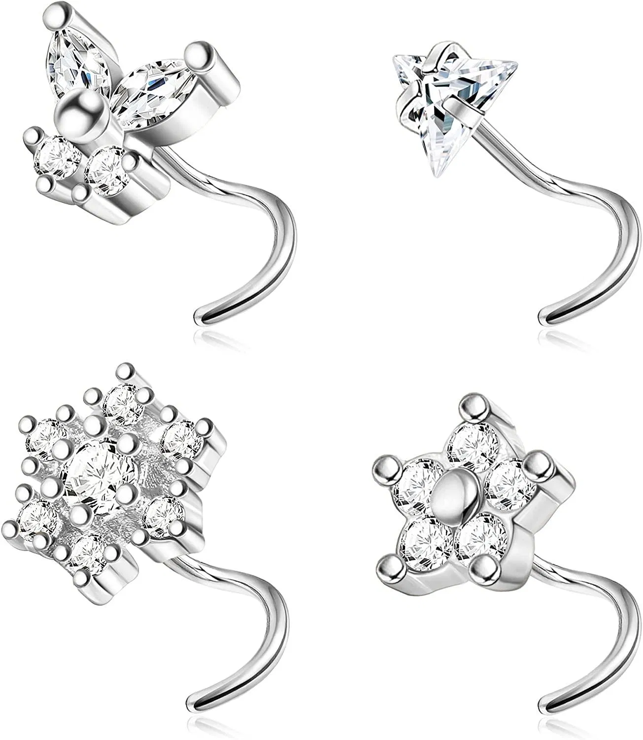 4 Pcs 20G Nose Rings Studs Surgical Steel CZ Butterfly Nose Piercing Triangle Nose l Shape Studs for Women Men Sliver - Grocery
