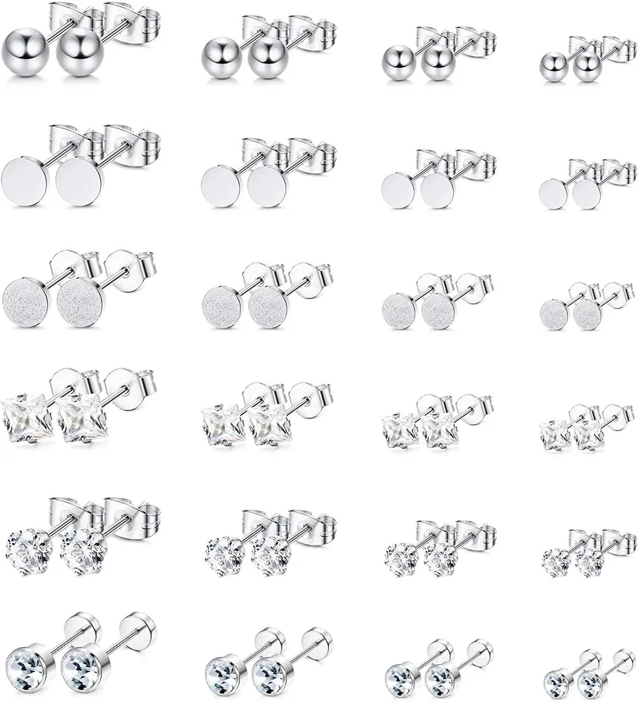 12-24 Pairs Stainless Black Stud Earrings for Men Women Ball CZ Earrings Cartilage Piercings Set Silver - Grocery
