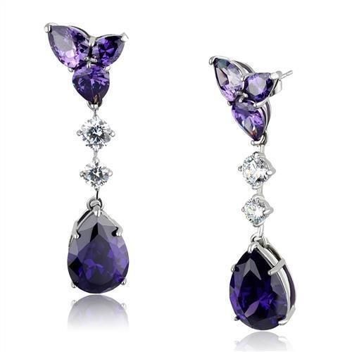 TK2144 - High polished (no plating) Stainless Steel Earrings with AAA Grade CZ in Amethyst - Grocery