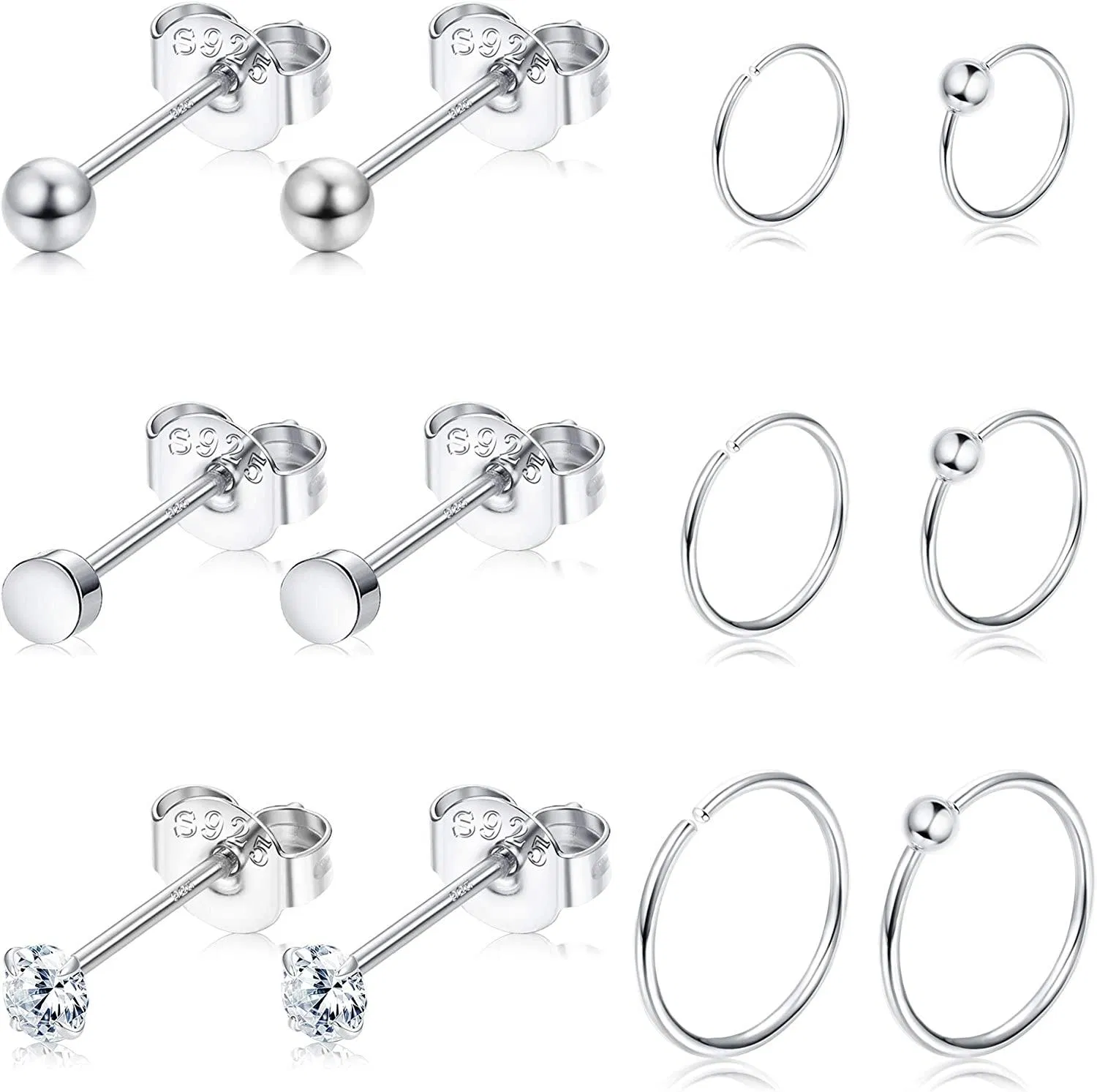 12pcs 925 Sterling Tiny Cartilage Earrings For Women Men 3mm Dot CZ Ball Stud Earrings Endless Nose Rings Hoop Set Assorted Tragus Helix Piercing Jewelry - Grocery