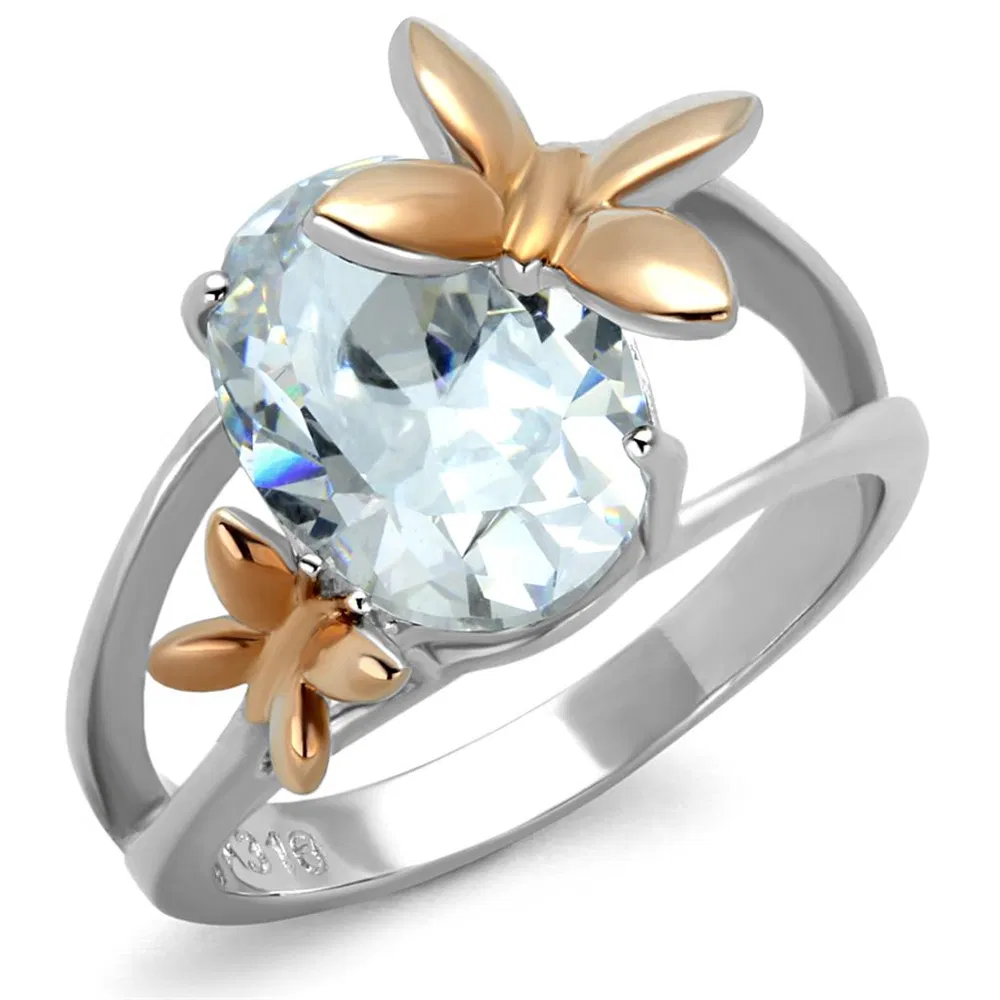 TK2135 - Two-Tone IP Rose Gold Stainless Steel Ring with AAA Grade CZ in Clear - Grocery