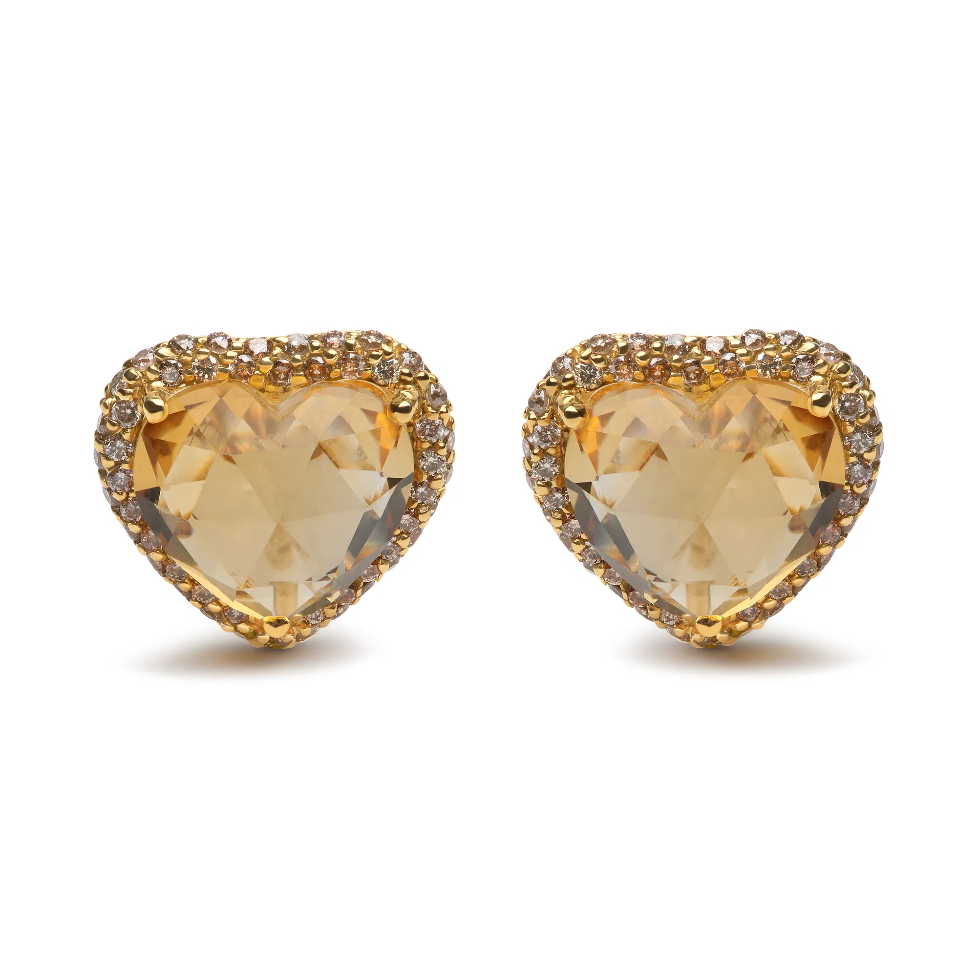 18K Yellow Gold 2/3 Cttw Brown Diamonds and 11x11mm Heart-Cut Yellow Citrine Gemstone Halo Heart Stud Earrings (Brown Color, SI1-SI2 Clarity) - Grocery