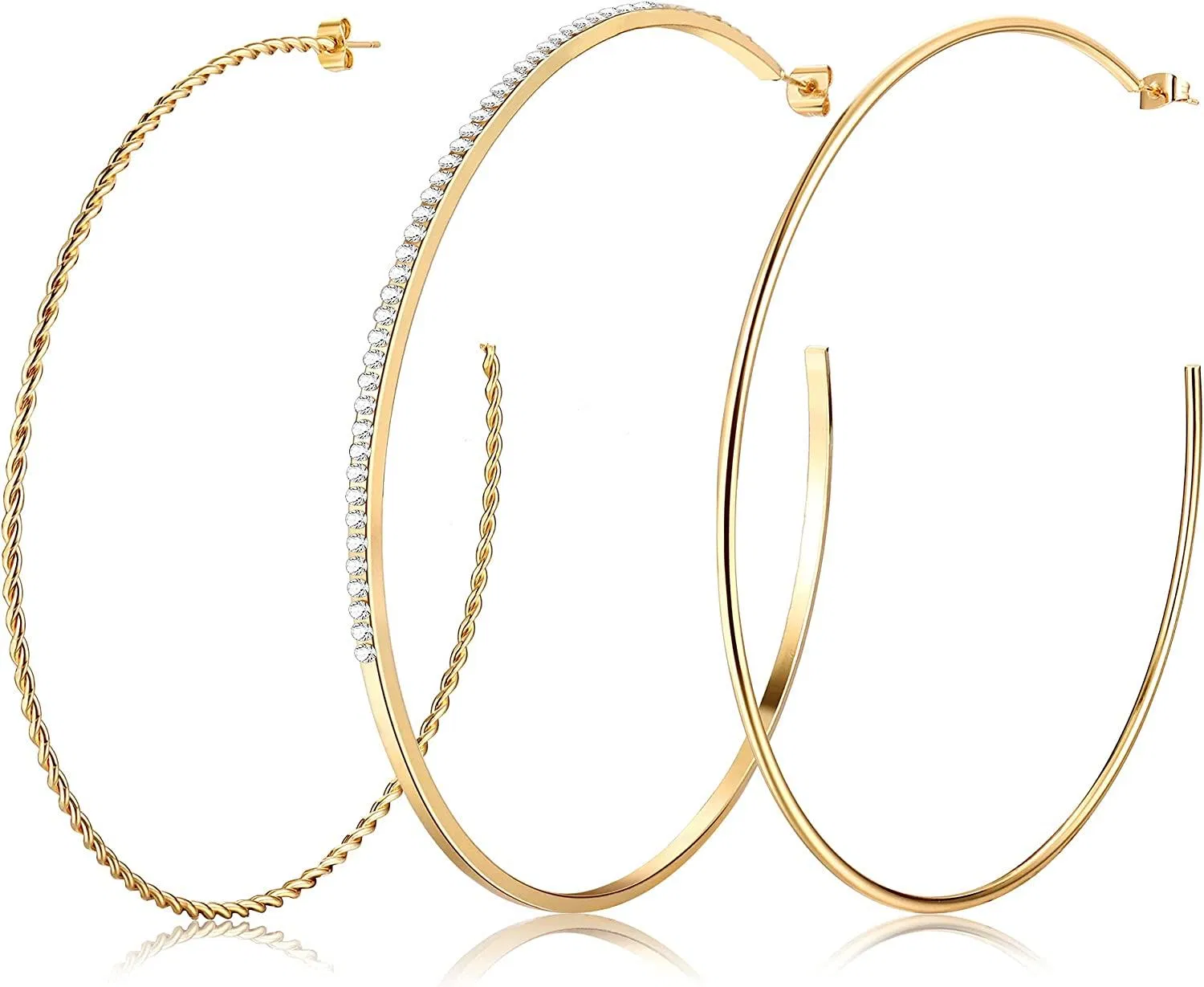 3 Pairs Stainless Big Hoop Earrings for Women with CZ Inlaid Twisted Open Hoop Earrings 100mm - Grocery