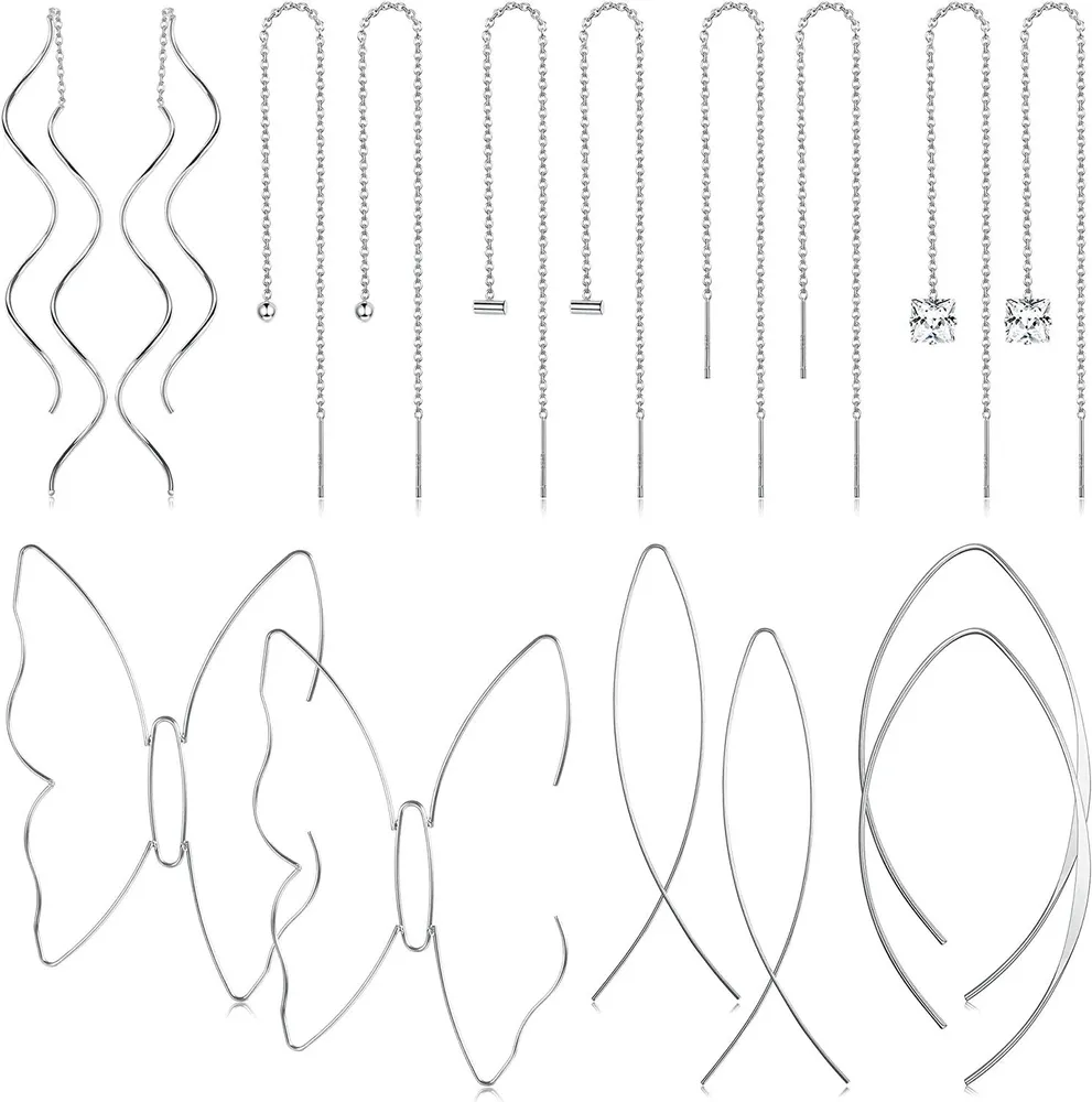 8Pairs Stainless Threader Earrings for Women Lightweight Tassels Long Chain Drop Dangle Earrings Set - Grocery