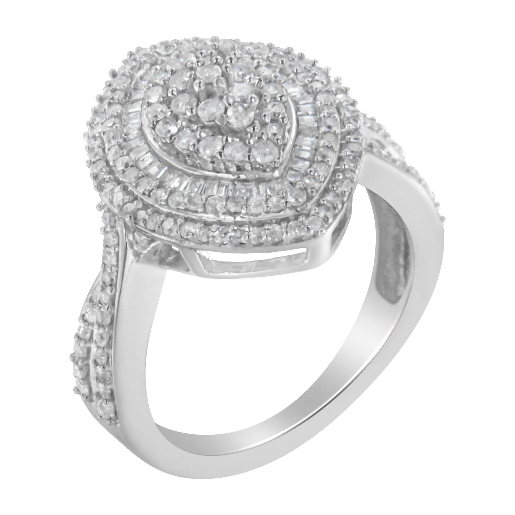 .925 Sterling Silver 1.0 Cttw Round & Baguette-Cut Diamond Marquise-Shaped Cluster Triple Stepped Halo Cocktail Fashion Ring (I-J Color, I2-I3 Clarity) - Grocery