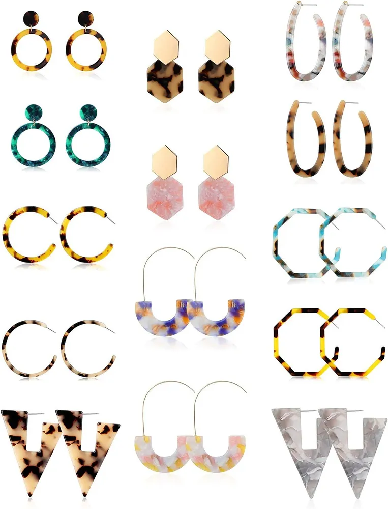 14Pairs Acrylic Earrings Resin Drop Dangle Mottled Statement Earrings Polygonal Bohemian Earrings for Women - Grocery
