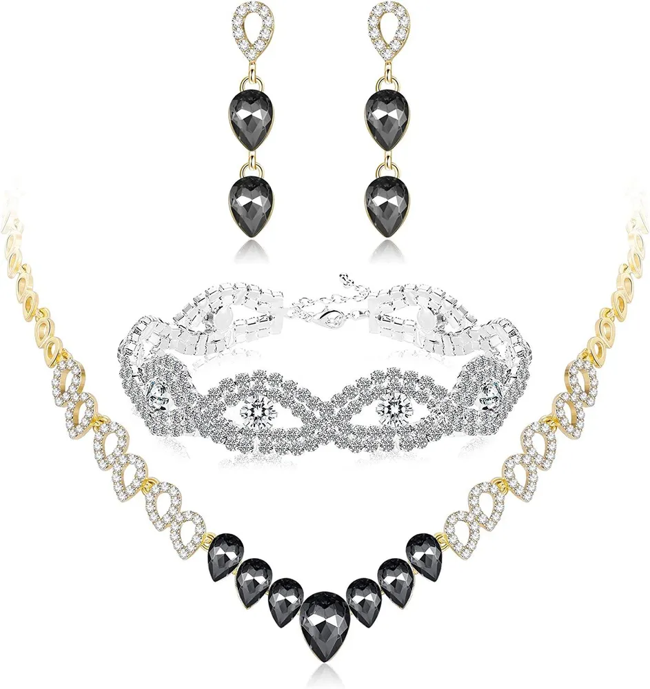 Crystal Bridal Set for Women Rhinestone Necklace Earrings Bracelet Wedding Bridesmaid Set - Grocery