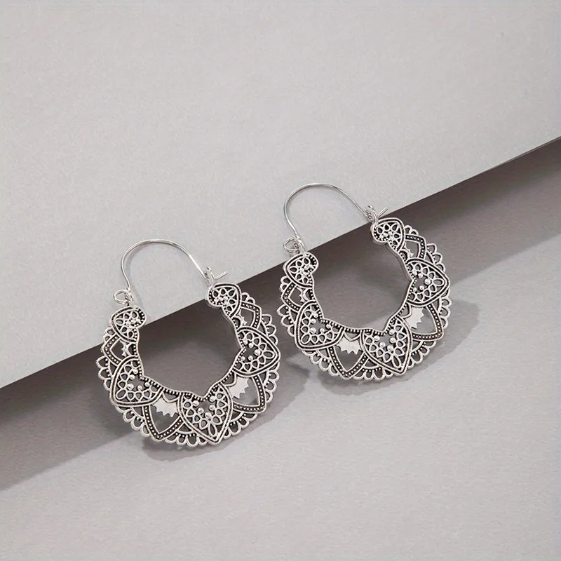 Exaggerated Vintage Boho Flower Carved Hoop Dangle Earrings For Women Decor 1Pair - Grocery