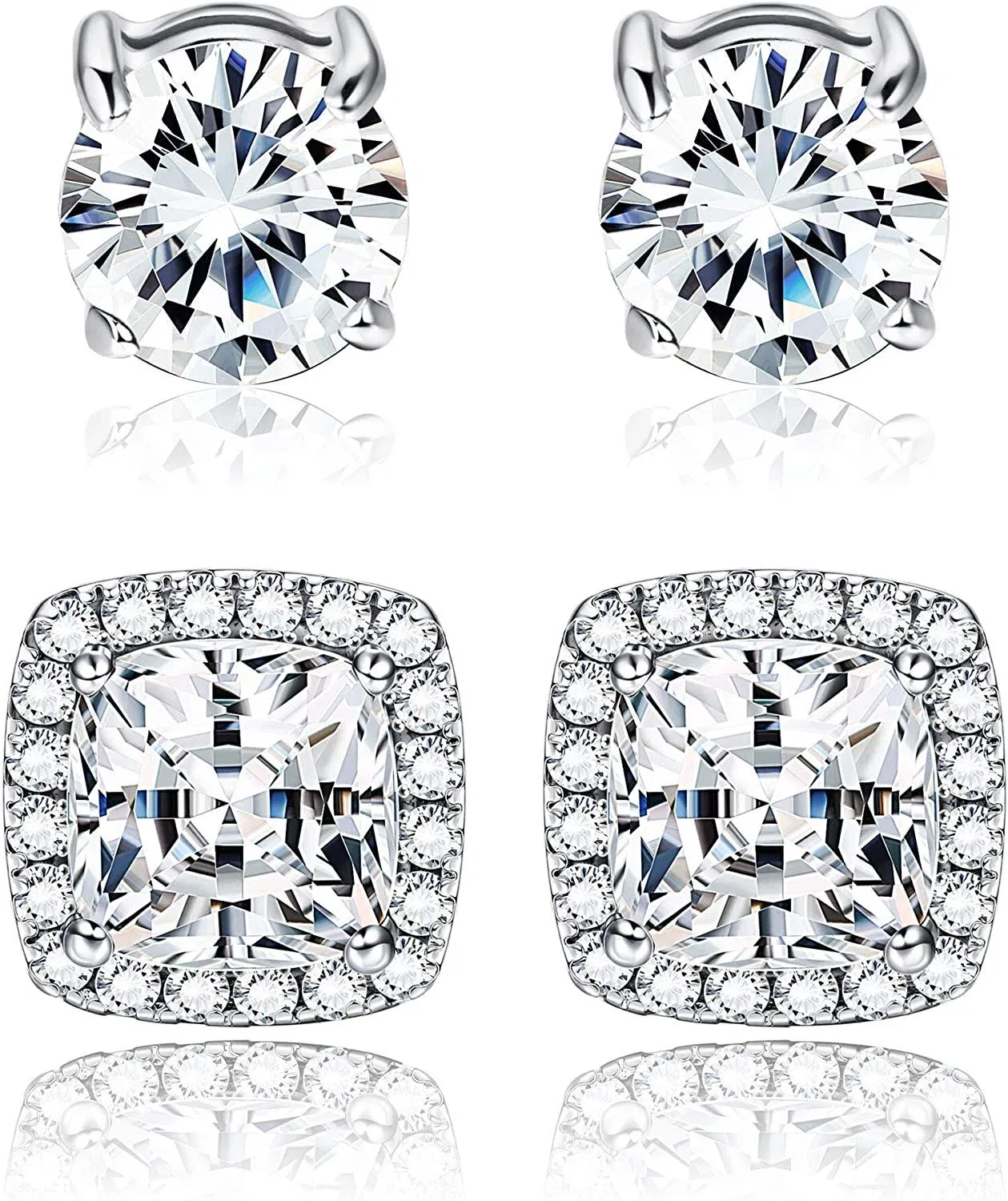 Cubic Zirconia Halo Stud Earrings for Women 925 Sterling Silver Round & Square Cut CZ Earrings Set - Grocery