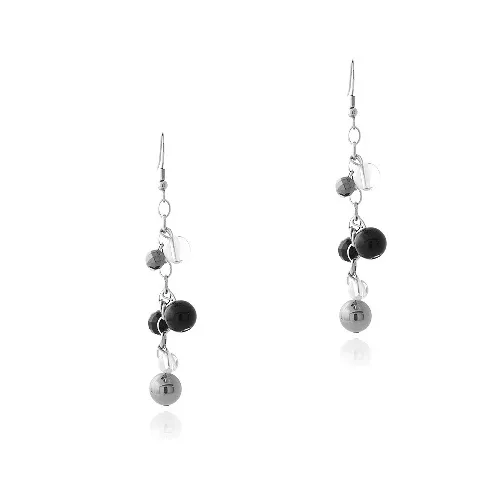 Stainless Steel Onyx & Hematite Cluster Dangle Earrings - Grocery