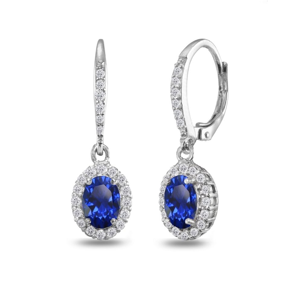 Oval Halo Created Blue Sapphire & White Topaz Dangle Earrings in 925 Silver - Grocery