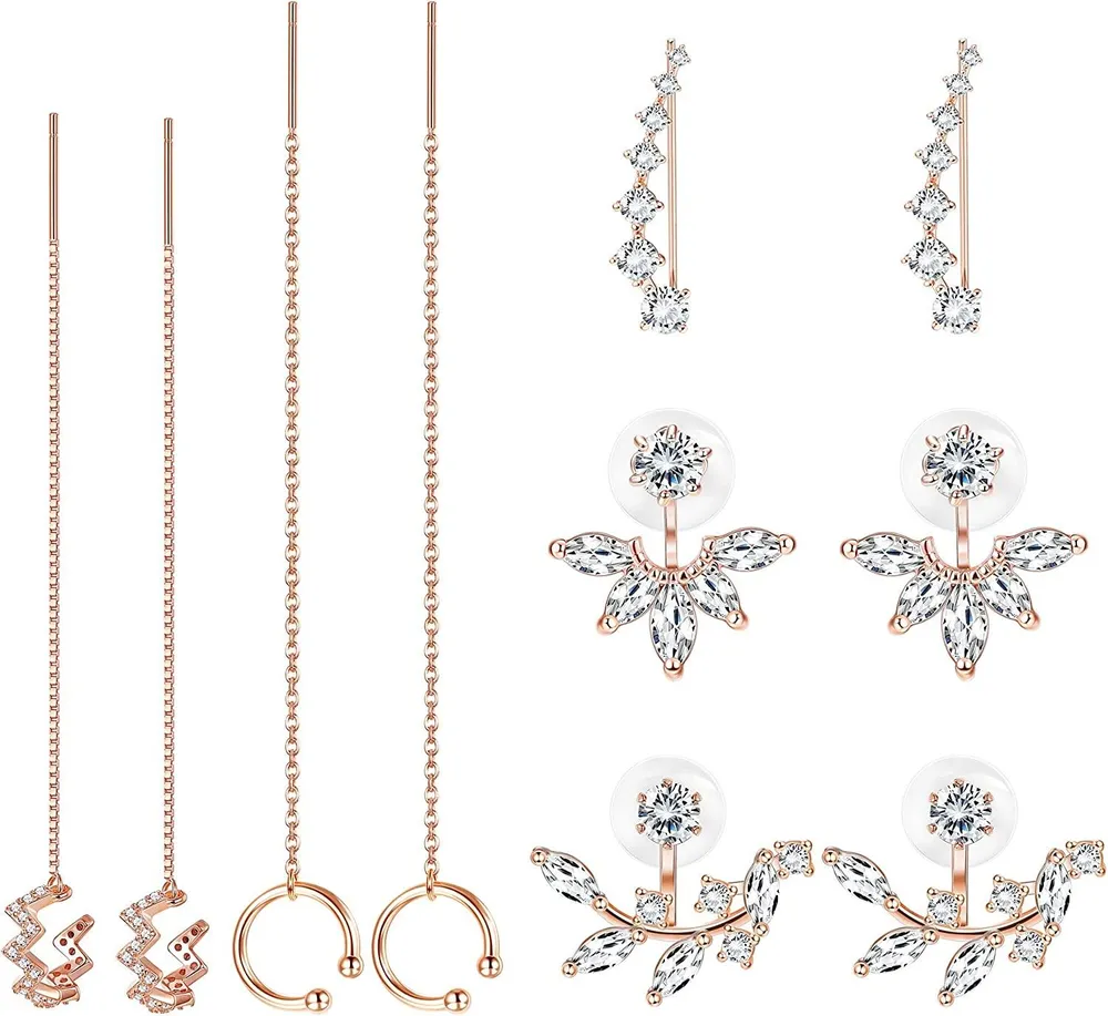 5 Pairs Minimalist Earring For Women Chain Threader Earrings Wrap Tassel Earrings Ear Cuffs Climber Earring Lotus Flower Jackets Earring Set - Grocery