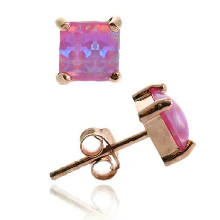 18K Rose Gold over Sterling Silver Pink Opal Square Stud Earring, 6mm - Grocery