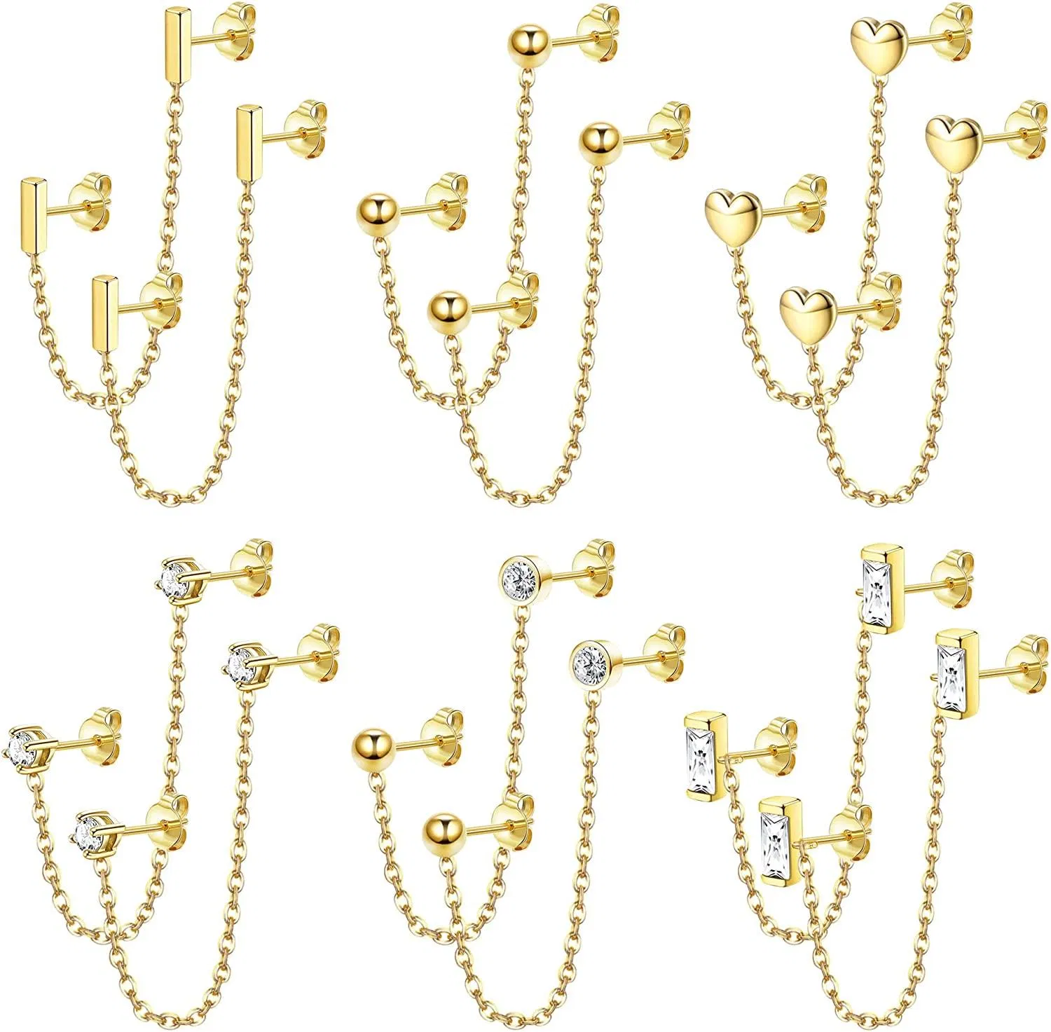 6 Pairs Double Chain Stud Earrings for Women CZ Bar Ball Heart Double Piercing Earrings Set Tone - Grocery