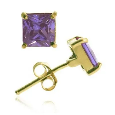 18k Gold over Sterling Silver Purple CZ 5mm Square Stud Earrings - Grocery