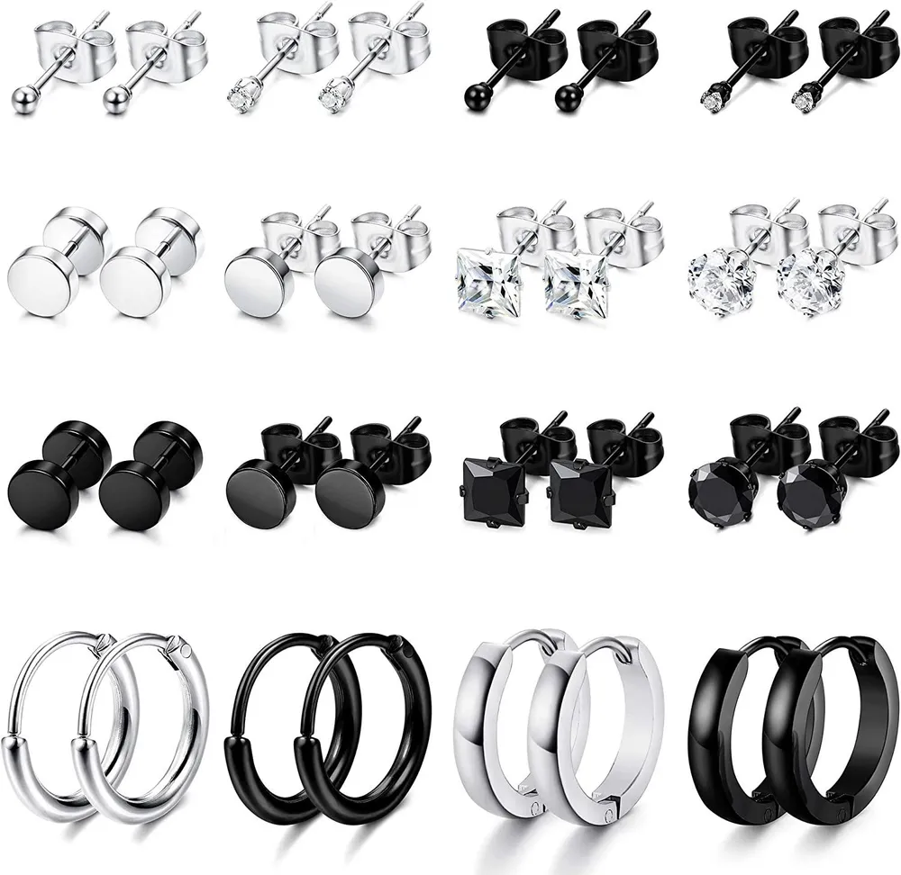 16 Pairs Stainless Stud Earring Hoop Earring Set for Women Men CZ Tiny Ball Stud Earrings Cartilage Earrings Endless Hoop Earrings - Grocery