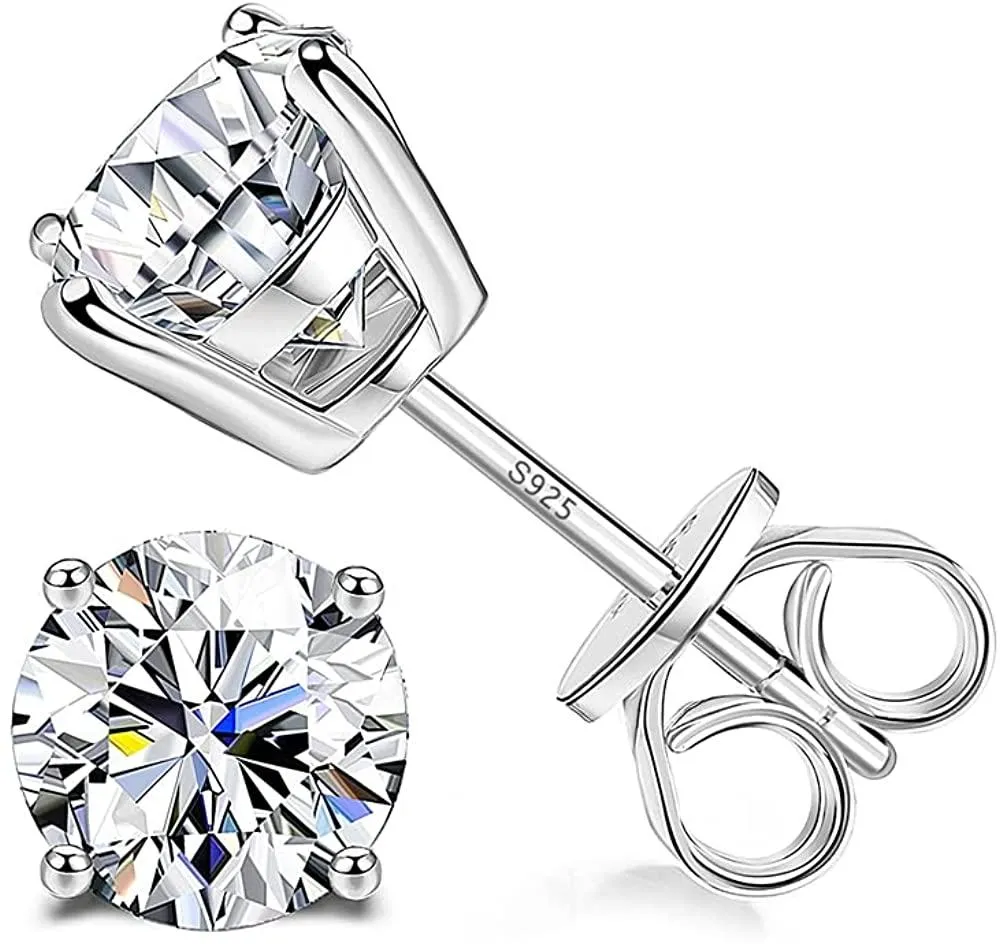 Sterling Silver Cubic Zirconia Stud Earrings for Women Men 14k White Gold Plated Round CZ Earrings for Sensitive Ear - Grocery