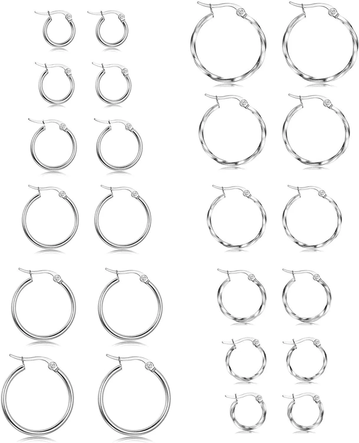 12 Pairs Stainless Small Round Hoop Earrings for Women Twisted Hoop Earrings Set; 10MM-20MM - Grocery