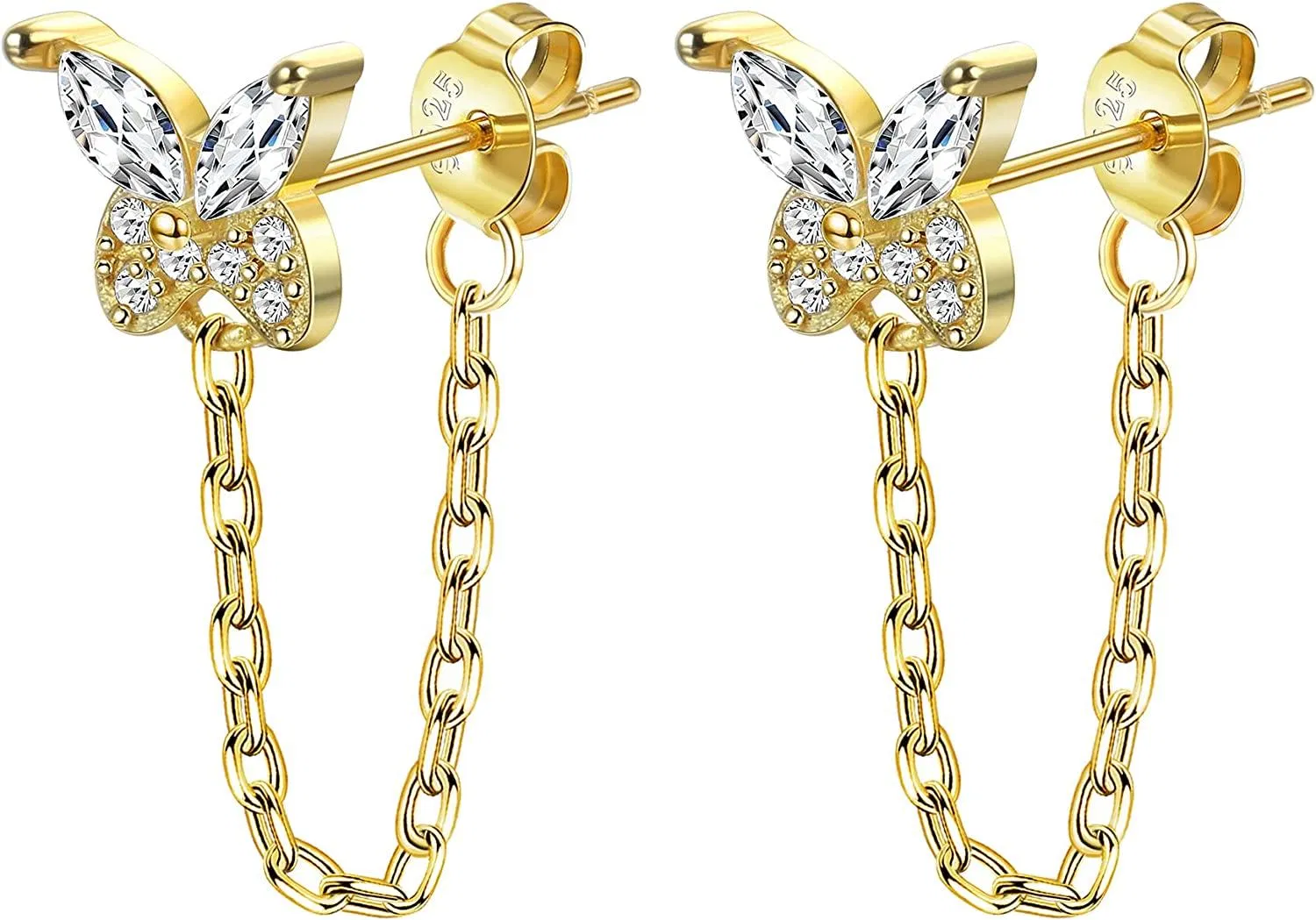 925 Sterling Silver Chain Earrings Butterfly Stud Earrings with Chain Cubic Zirconia Minimalist Threader Dangle Earrings for Women Men - Grocery