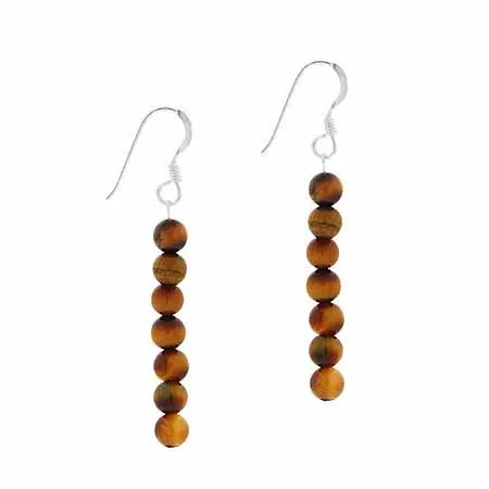 Sterling Silver 4mm Tiger Eye Beaded Dangle Earrings - Grocery