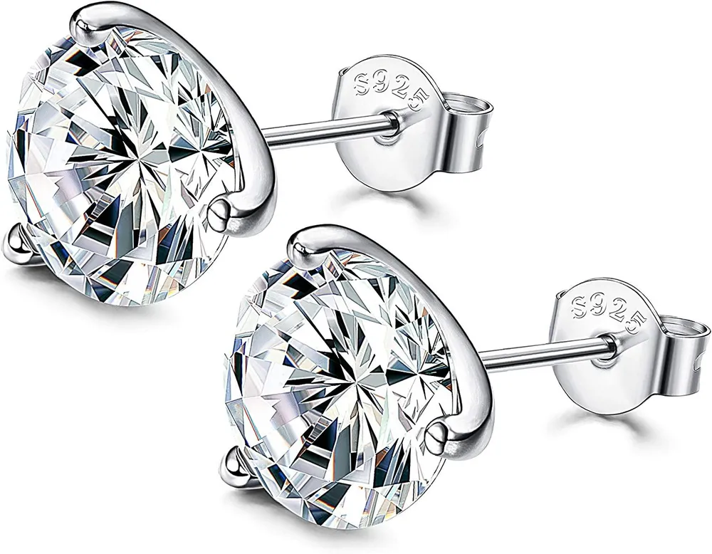 Cubic Zirconia Stud Earrings for Women Men 3-Prongs Stud Earrings for Anniversary Birthday - Grocery