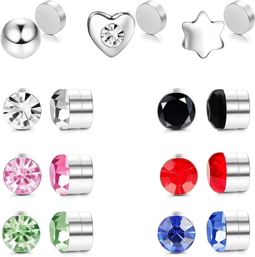 15PCS Magnetic Stud Earrings for Women Men Stainless Non Piercing Clip on CZ Earrings Colorful Fake Nose Ring Studs Tiny - Grocery