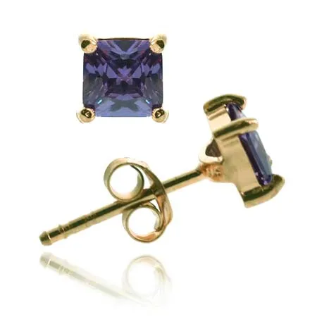18K Gold over Sterling Silver Purple CZ Square Stud Earrings, 6mm - Grocery