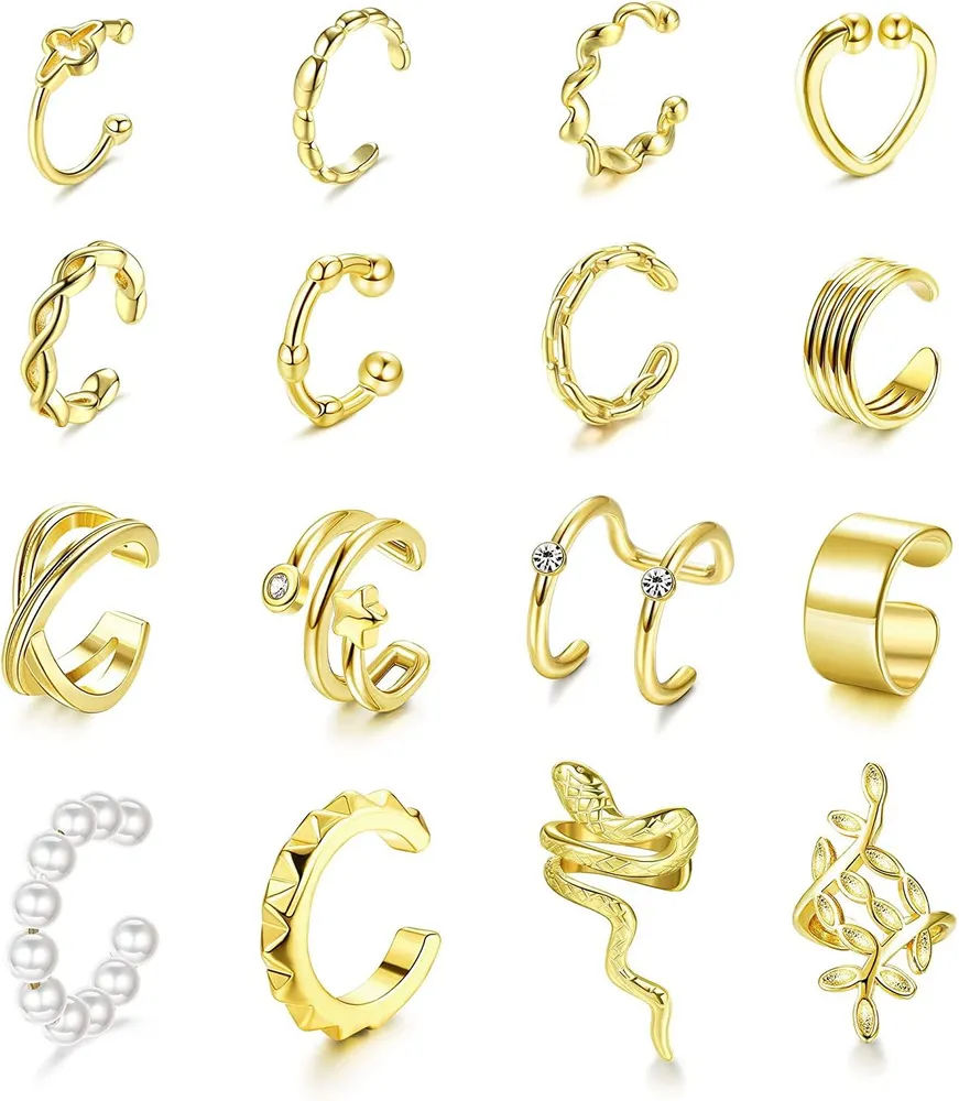 16PCS Ear Cuffs Earrings foe Women Men No Piercing Clip on Earrings Cartilage Wrap Fake Earrings Set Adjustable - Grocery