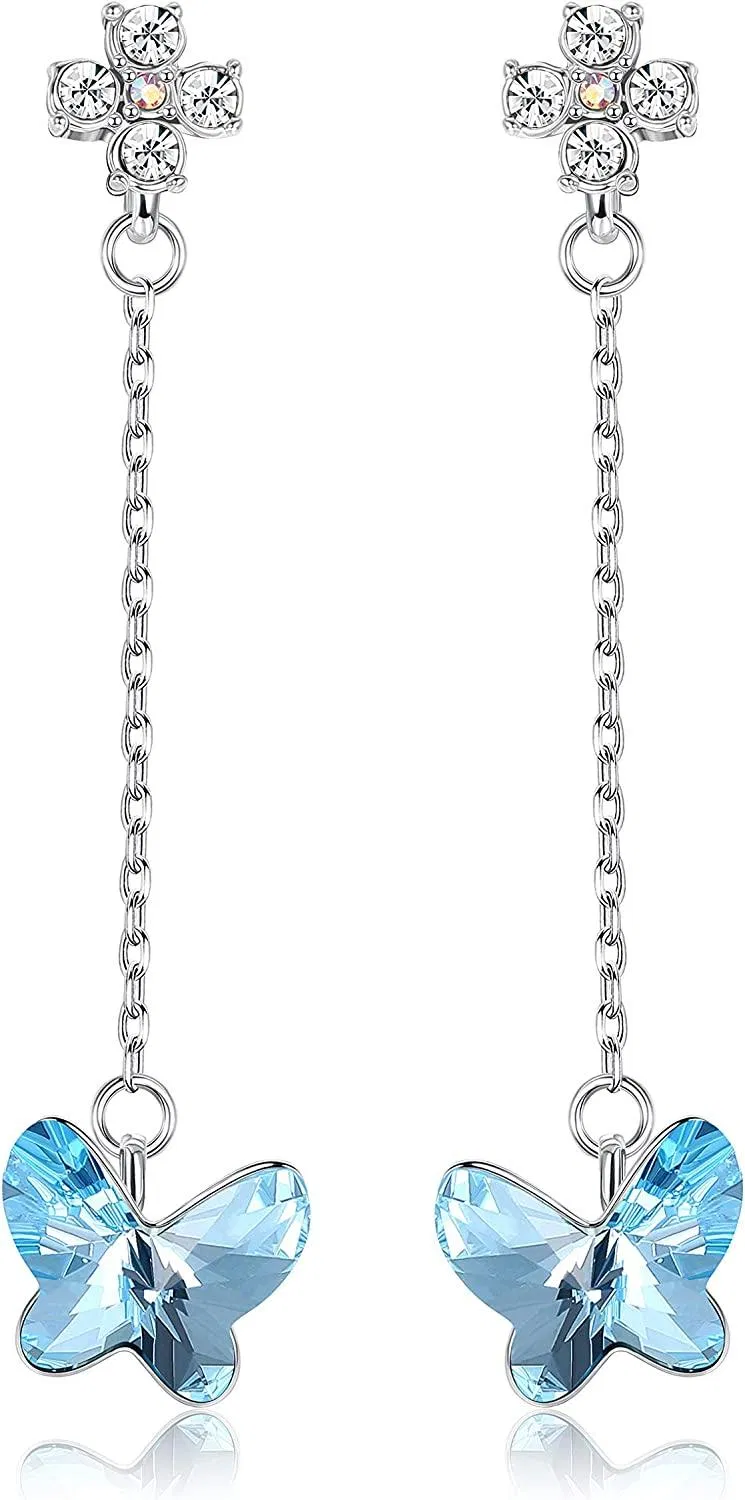 Blue Butterfly Dangle Earrings with Swarovski Crystals for Women Hypoallergenic Cute Drop Earrings Birthday Gift - Grocery