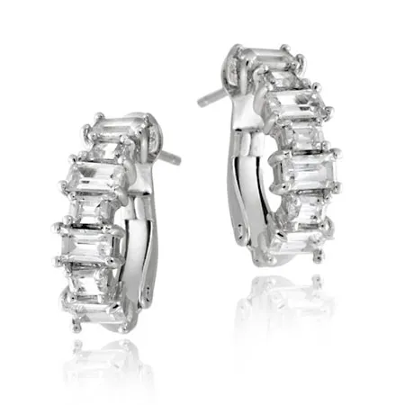 Sterling Silver Emerald-Cut CZ Half Hoop Earrings - Grocery