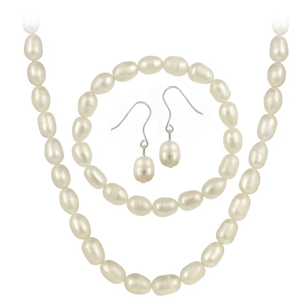 Sterling Silver Freshwater Cultured Pearl Jewelry Necklace, Bracelet Earring Set - Grocery
