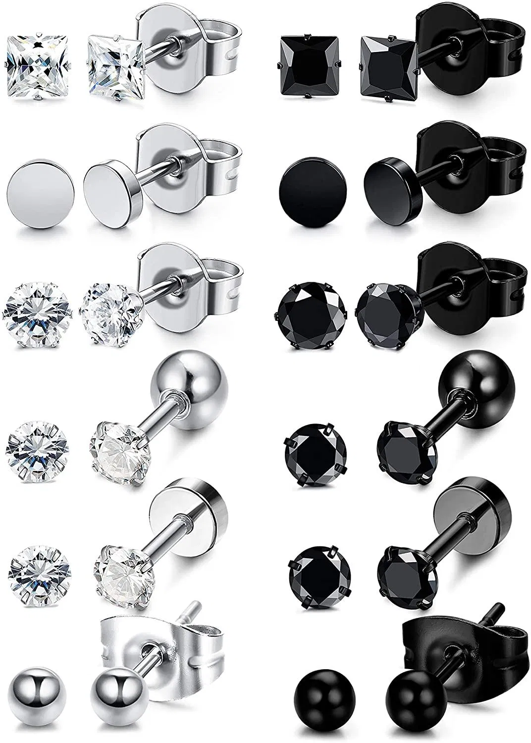 12 Pairs Stainless Steel Black White Stud Earrings for Men Women Cool CZ Ear Piercing Earring Jewelry 3-8mm - Grocery